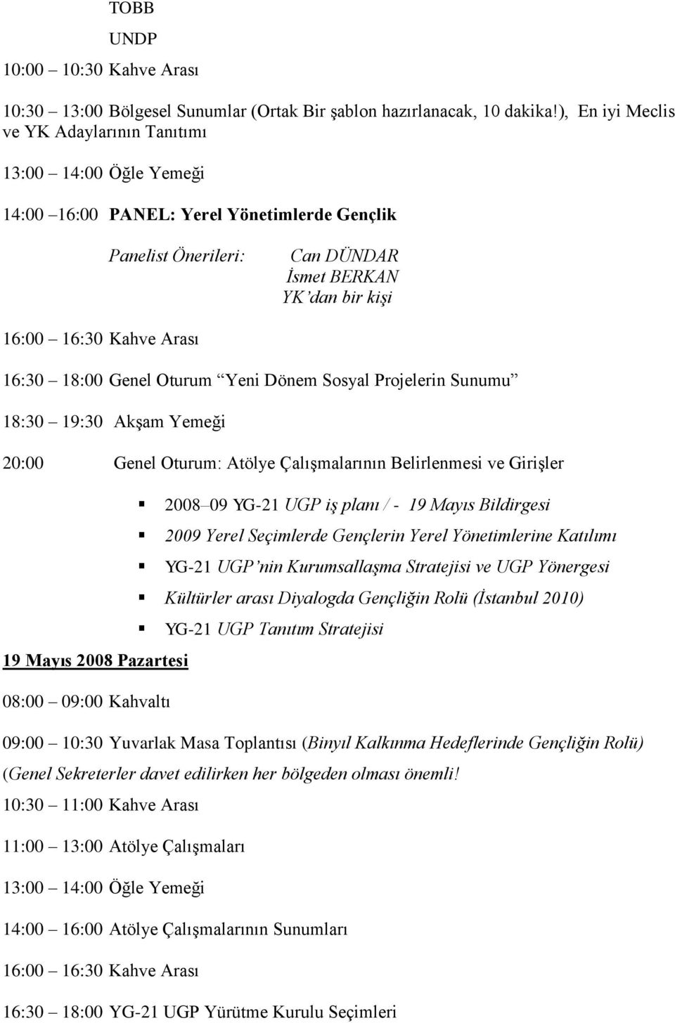 16:30 18:00 Genel Oturum Yeni Dönem Sosyal Projelerin Sunumu 18:30 19:30 Akşam Yemeği 20:00 Genel Oturum: Atölye Çalışmalarının Belirlenmesi ve Girişler 2008 09 YG-21 UGP iş planı / - 19 Mayıs