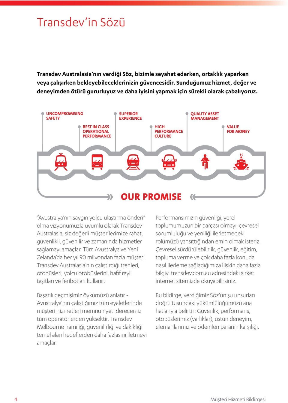 Avustralya nın saygın yolcu ulaştırma önderi olma vizyonumuzla uyumlu olarak Transdev Australasia, siz değerli müşterilerimize rahat, güvenlikli, güvenilir ve zamanında hizmetler sağlamayı amaçlar.