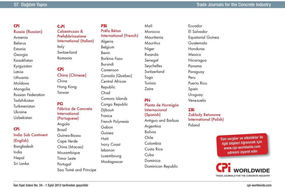 China Hong Kong Taiwan FCI Fábrica de Concreto International (Portuguese) Angola Brazil Guinea-Bissau Cape Verde China (Macao) Mozambique Timor Leste Portugal Sao Tomé and Principe PBI Préfa Béton