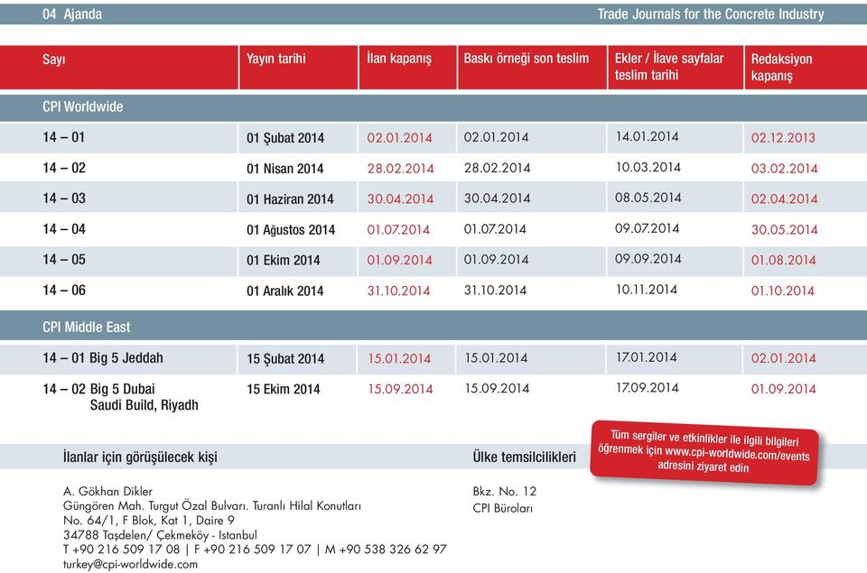 09.2014 01.09.2014 09.09.2014 01.08.2014 14 06 01 Aralık 2014 31.10.2014 31.10.2014 10.11.2014 01.10.2014 Middle East 14 01 Big 5 Jeddah 15 Şubat 2014 15.01.2014 15.01.2014 17.01.2014 02.01.2014 14 02 Big 5 Dubai Saudi Build, Riyadh 15 Ekim 2014 15.