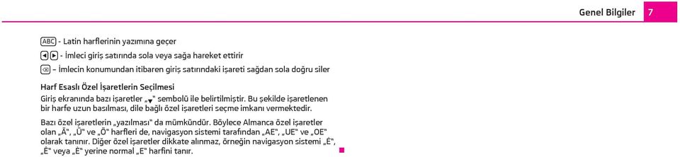 Bu şekilde işaretlenen bir harfe uzun basılması, dile bağlı özel işaretleri seçme imkanı vermektedir. Bazı özel işaretlerin yazılması da mümkündür.