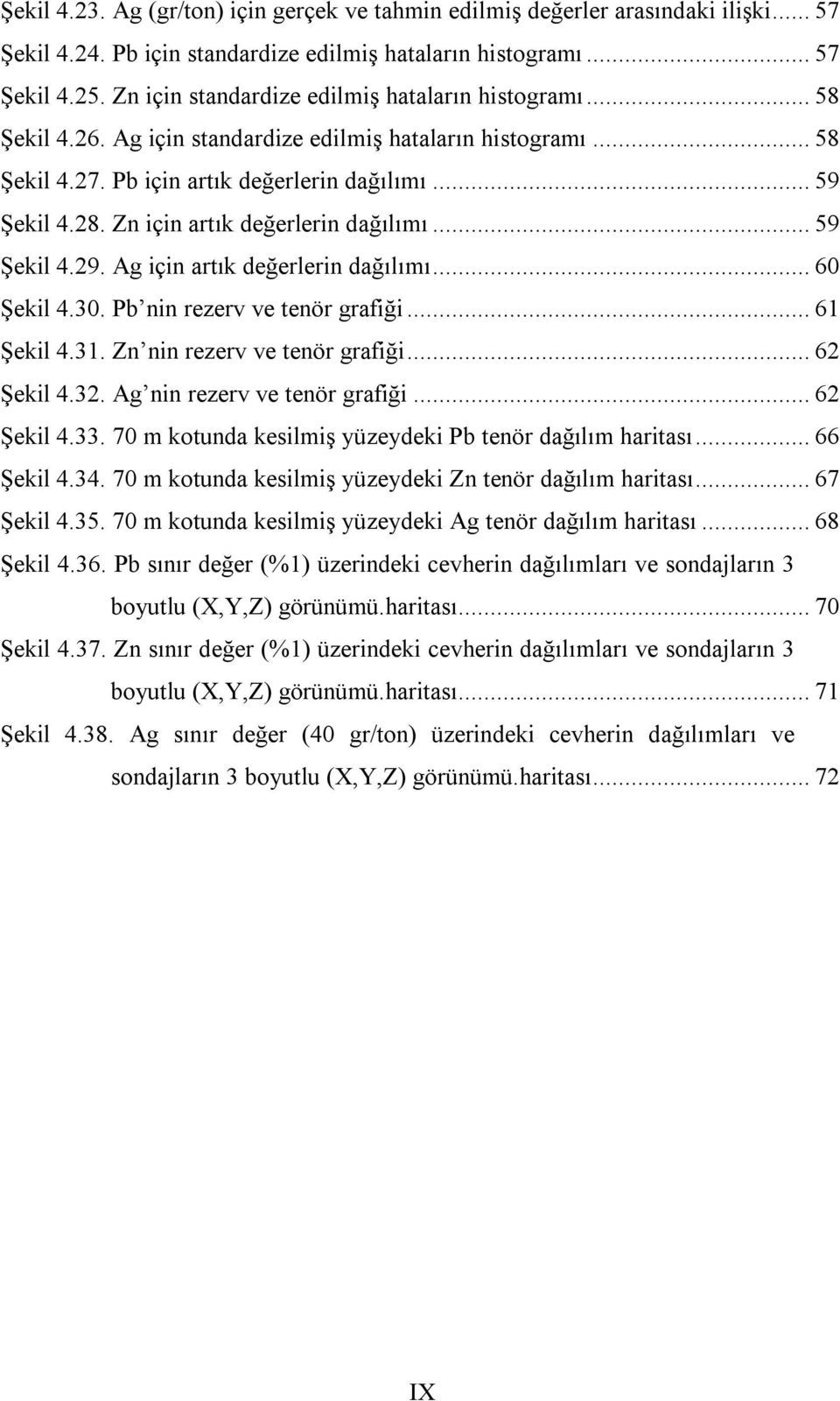 Zn için artık değerlerin dağılımı... 59 Şekil 4.29. Ag için artık değerlerin dağılımı... 60 Şekil 4.30. Pb nin rezerv ve tenör grafiği... 61 Şekil 4.31. Zn nin rezerv ve tenör grafiği... 62 Şekil 4.