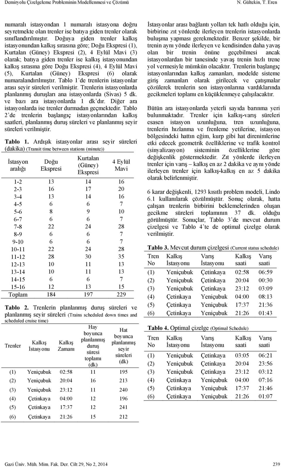 Doğuya giden trenler kalkış istasyonundan kalkış sırasına göre; Doğu Ekspresi (1), Kurtalan (Güney) Ekspresi (2), 4 Eylül Mavi (3) olarak; batıya giden trenler ise kalkış istasyonundan kalkış