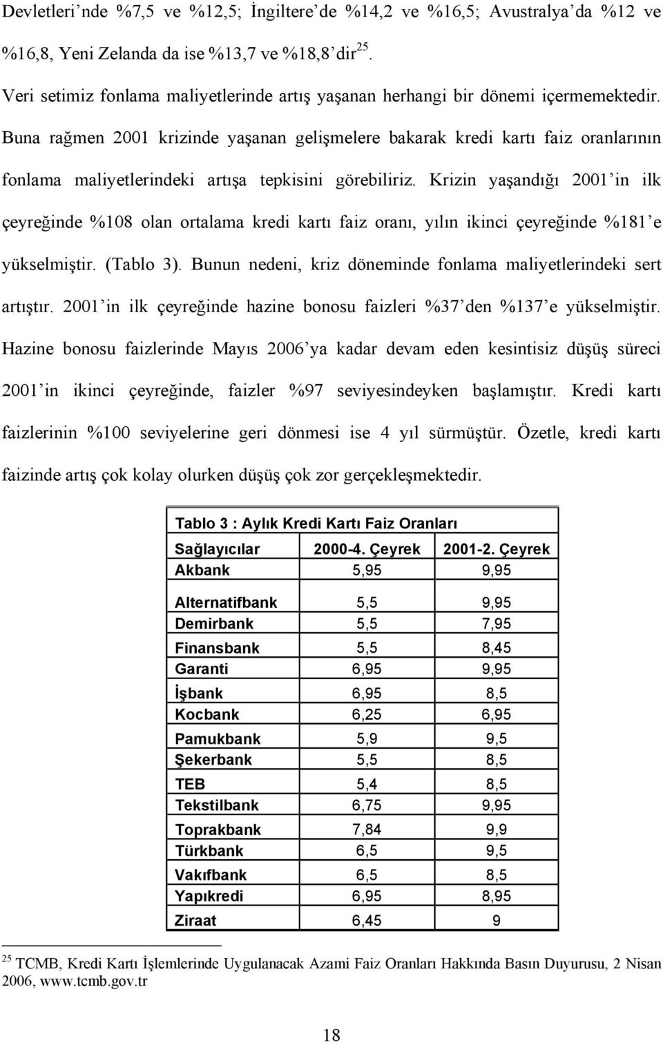 Buna rağmen 2001 krizinde yaşanan gelişmelere bakarak kredi kartı faiz oranlarının fonlama maliyetlerindeki artışa tepkisini görebiliriz.