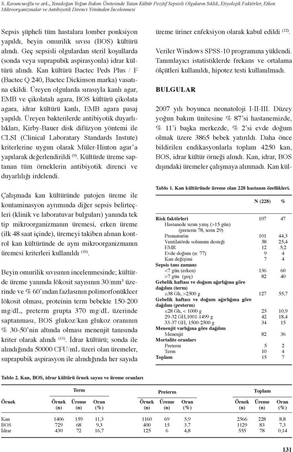 hastalara lomber ponksiyon yapıldı, beyin omurilik sıvısı (BOS) kültürü alındı. Geç sepsisli olgulardan steril koşullarda (sonda veya suprapubik aspirasyonla) idrar kültürü alındı.