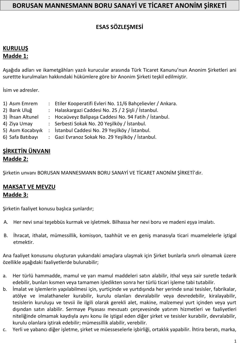 2) Barık Uluğ : Halaskargazi Caddesi No. 25 / 2 Şişli / İstanbul. 3) İhsan Altunel : Hocaüveyz Balipaşa Caddesi No. 94 Fatih / İstanbul. 4) Ziya Umay : Serbesti Sokak No. 20 Yeşilköy / İstanbul.