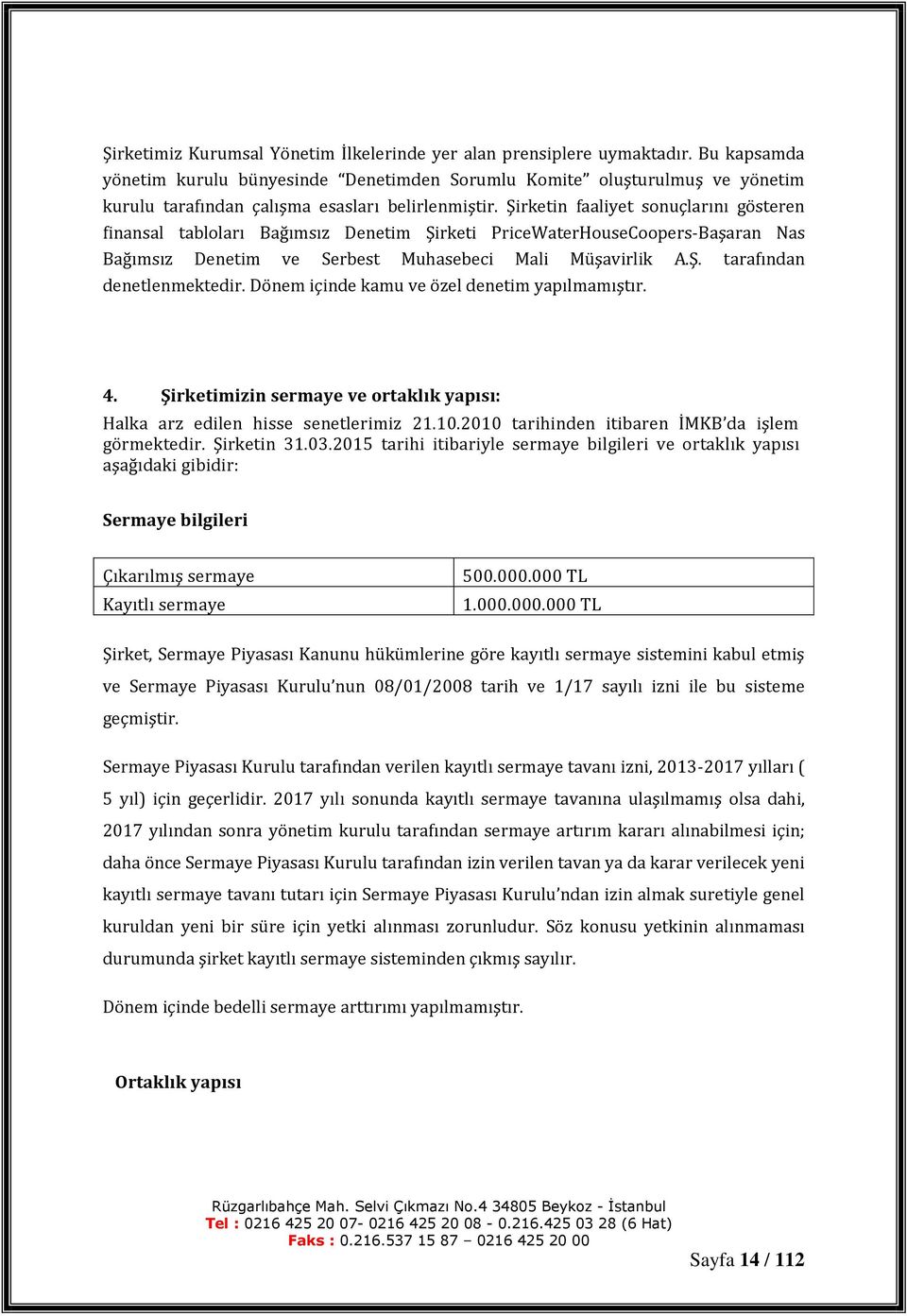 Şirketin faaliyet sonuçlarını gösteren finansal tabloları Bağımsız Denetim Şirketi PriceWaterHouseCoopers-Başaran Nas Bağımsız Denetim ve Serbest Muhasebeci Mali Müşavirlik A.Ş. tarafından denetlenmektedir.