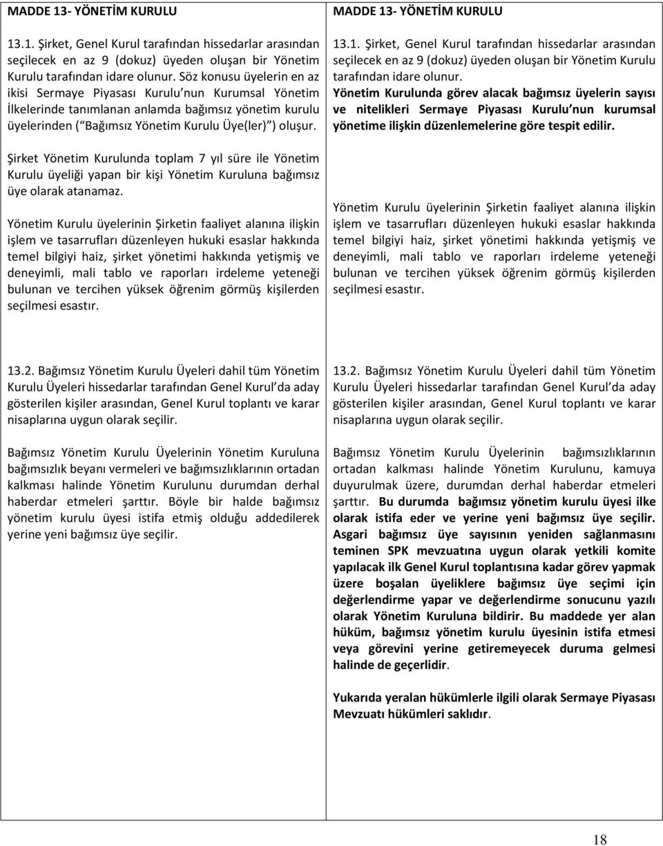 Şirket Yönetim Kurulunda toplam 7 yıl süre ile Yönetim Kurulu üyeliği yapan bir kişi Yönetim Kuruluna bağımsız üye olarak atanamaz.