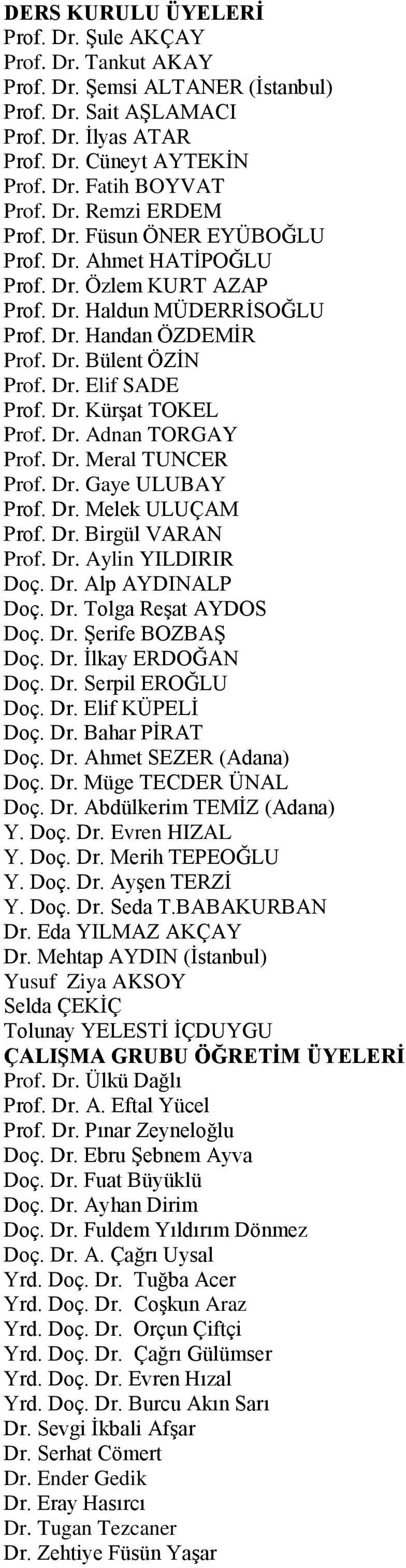 Dr. Adnan TORGAY Prof. Dr. Meral TUNCER Prof. Dr. Gaye ULUBAY Prof. Dr. Melek ULUÇAM Prof. Dr. Birgül VARAN Prof. Dr. Aylin YILDIRIR Doç. Dr. Alp AYDINALP Doç. Dr. Tolga Reşat AYDOS Doç. Dr. Şerife BOZBAŞ Doç.