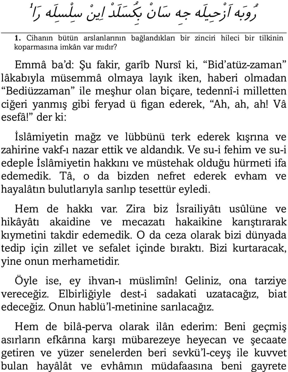 ederek, Ah, ah, ah! Vâ esefâ! der ki: İslâmiyetin mağz ve lübbünü terk ederek kışrına ve zahirine vakf-ı nazar ettik ve aldandık.