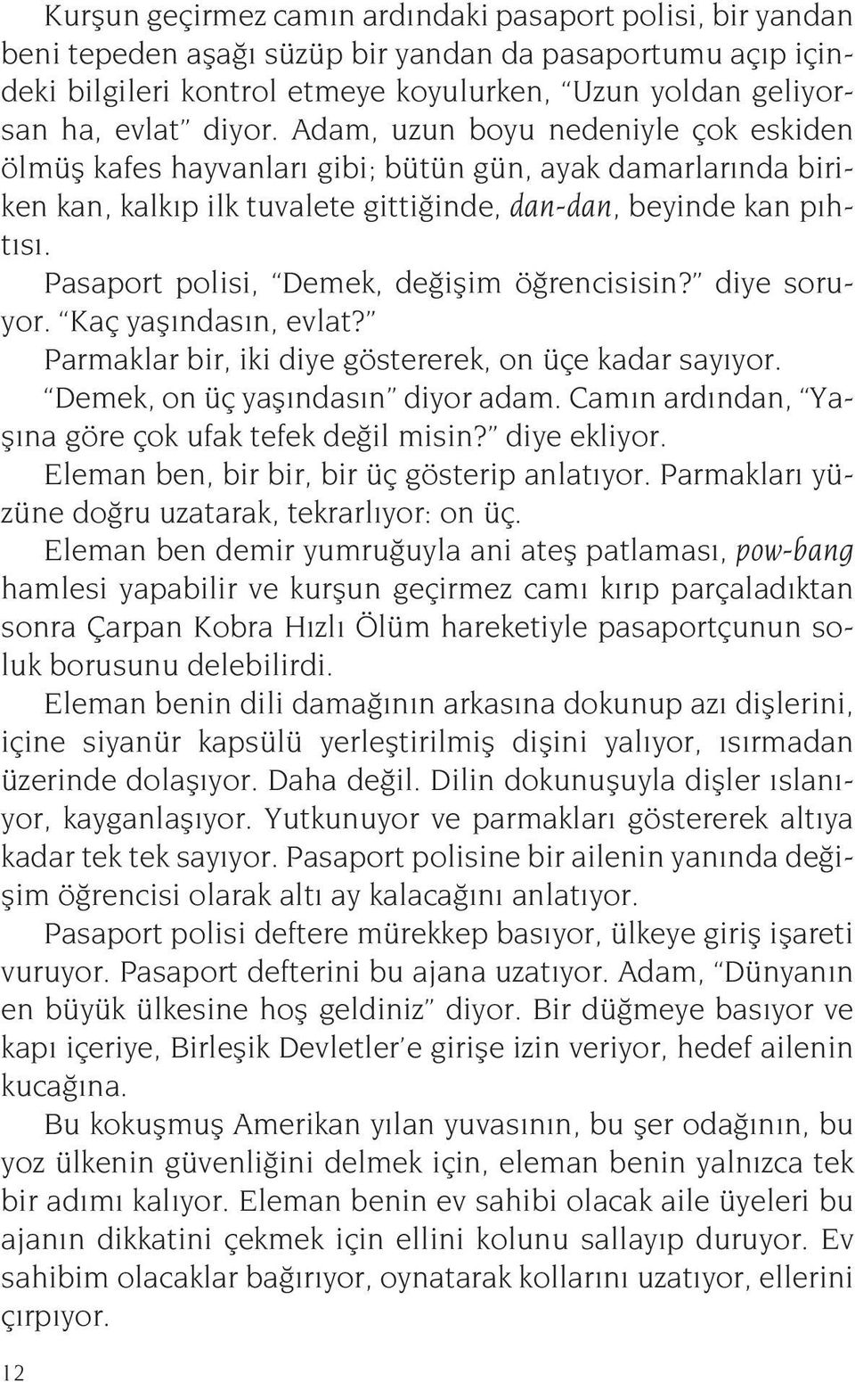 Pasaport polisi, Demek, değişim öğrencisisin? diye soruyor. Kaç yaşındasın, evlat? Parmaklar bir, iki diye göstererek, on üçe kadar sayıyor. Demek, on üç yaşındasın diyor adam.