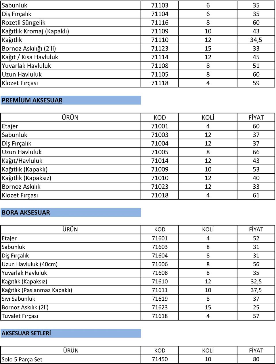 71005 8 66 Kağıt/Havluluk 71014 12 43 Kağıtlık (Kapaklı) 71009 10 53 Kağıtlık (Kapaksız) 71010 12 40 Bornoz Askılık 71023 12 33 Klozet Fırçası 71018 4 61 BORA AKSESUAR ÜRÜN KOD KOLİ FİYAT Etajer