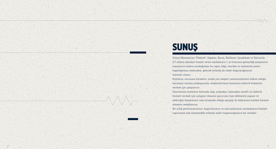 Kalitenin, sorunsuz hizmetin, yüzde yüz müşteri memnuniyetinin hâkim olduğu kurumsal varoluş anlayışımızla; müşterilerimize kesintisiz elektrik hizmetini vermek için çalışıyoruz.