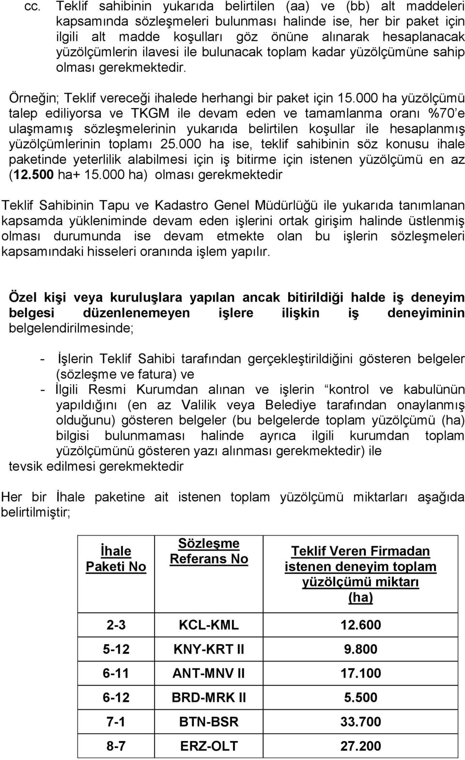 000 ha yüzölçümü talep ediliyorsa ve TKGM ile devam eden ve tamamlanma oranı %70 e ulaşmamış sözleşmelerinin yukarıda belirtilen koşullar ile hesaplanmış yüzölçümlerinin toplamı 25.