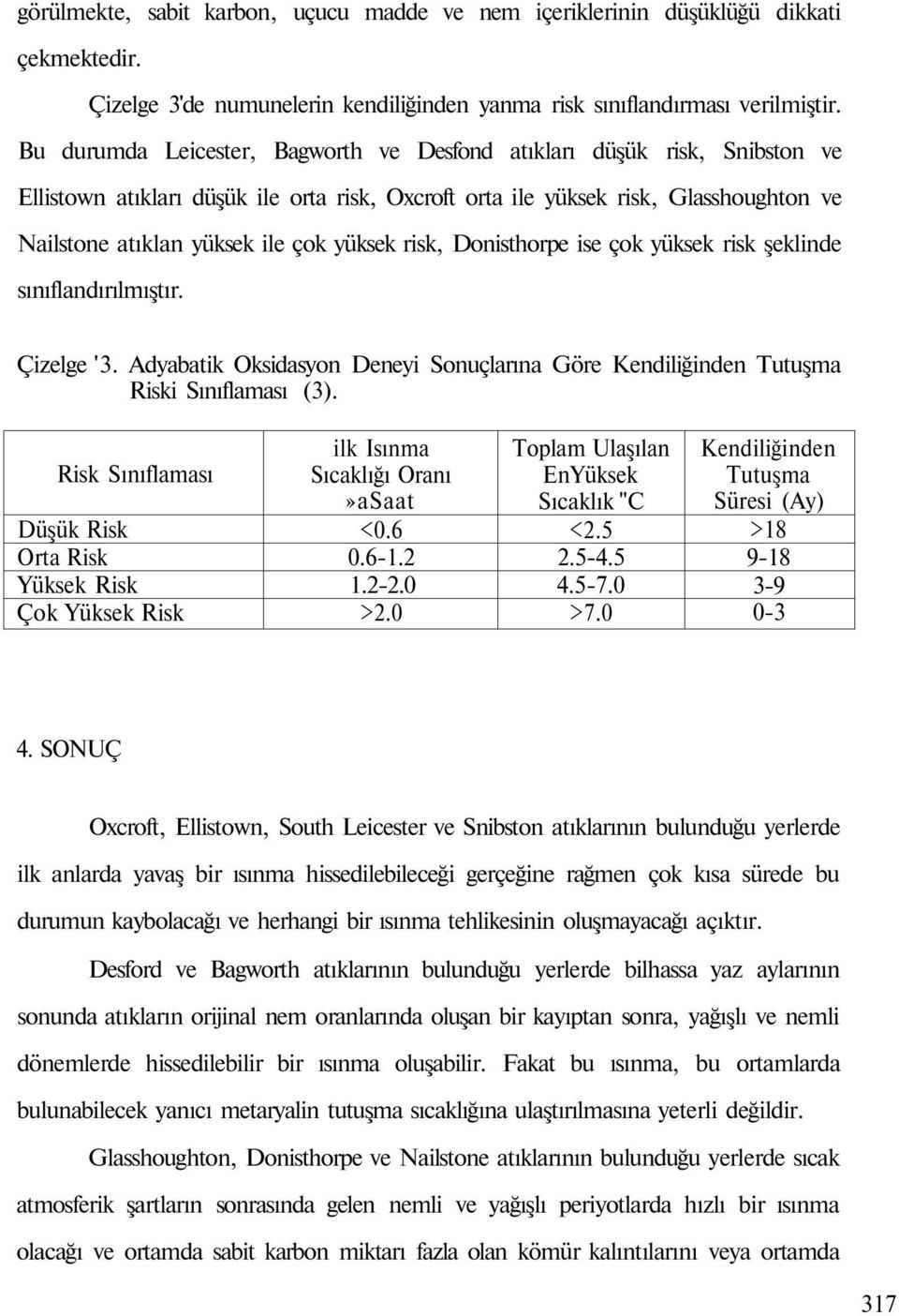 yüksek risk, Donisthorpe ise çok yüksek risk şeklinde sınıflandırılmıştır. Çizelge '3. Adyabatik Oksidasyon Deneyi Sonuçlarına Göre Kendiliğinden Tutuşma Riski Sınıflaması (3).