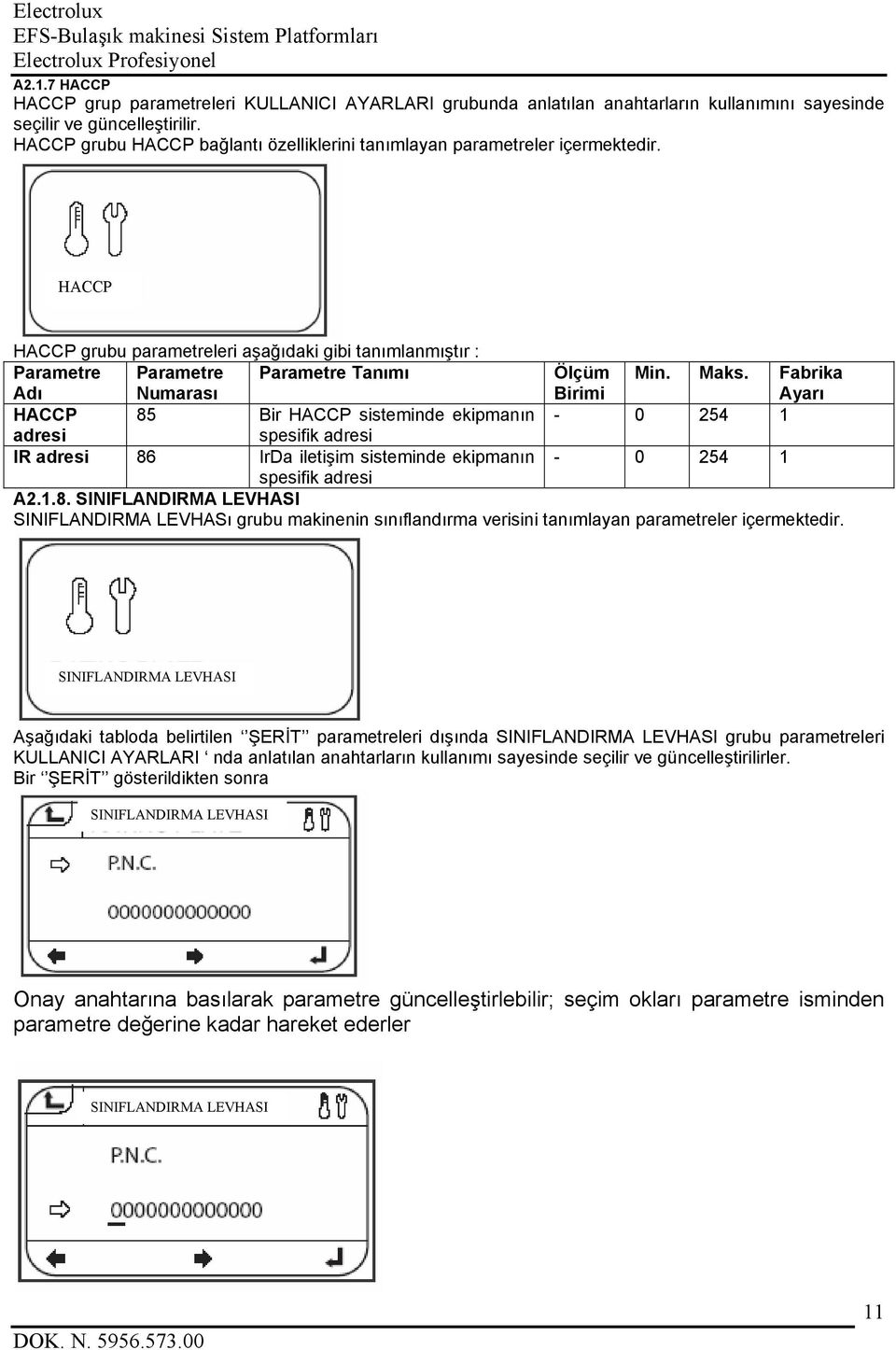 HACCP HACCP grubu parametreleri aşağıdaki gibi tanımlanmıştır : Parametre Adı Parametre Numarası Parametre Tanımı Ölçüm Birimi Min. Maks.