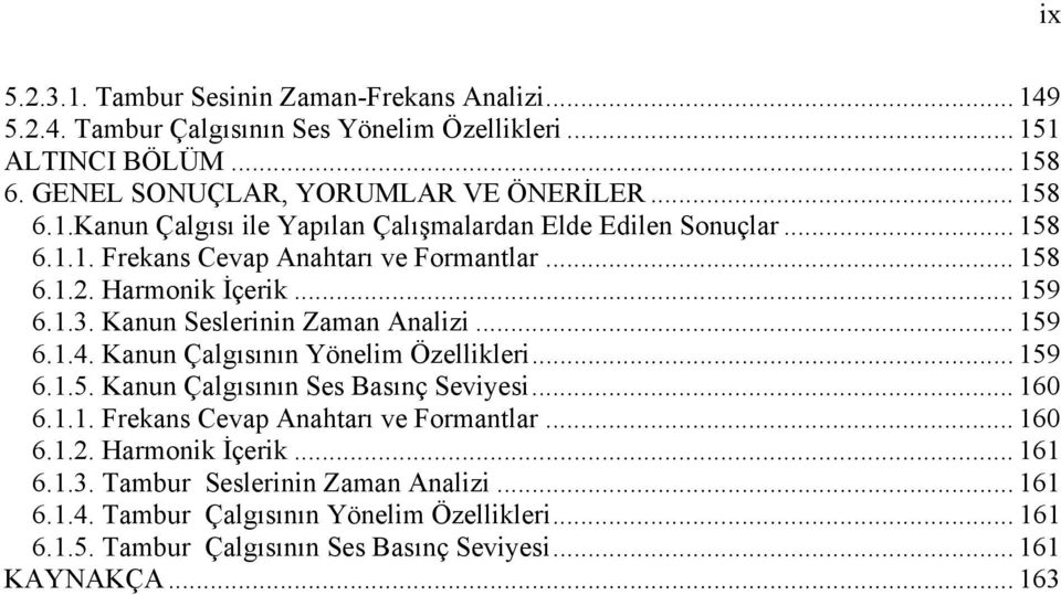 .. 159 6.1.5. Kanun Çalgısının Ses Basınç Seviyesi... 160 6.1.1. Frekans Cevap Anahtarı ve Formantlar... 160 6.1.2. Harmonik İçerik... 161 6.1.3. Tambur Seslerinin Zaman Analizi.