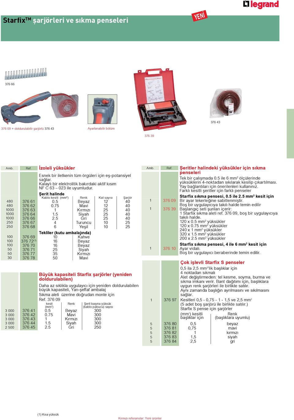 Şerit halinde Kablo kesiti (mm²) Renk Kat sayısı Şarjör 480 376 61 0.5 Beyaz 12 40 480 376 62 0.75 Mavi 12 40 1000 376 63 1 Kırmızı 25 40 1000 376 64 1.5 Siyah 25 40 1000 376 66 2.