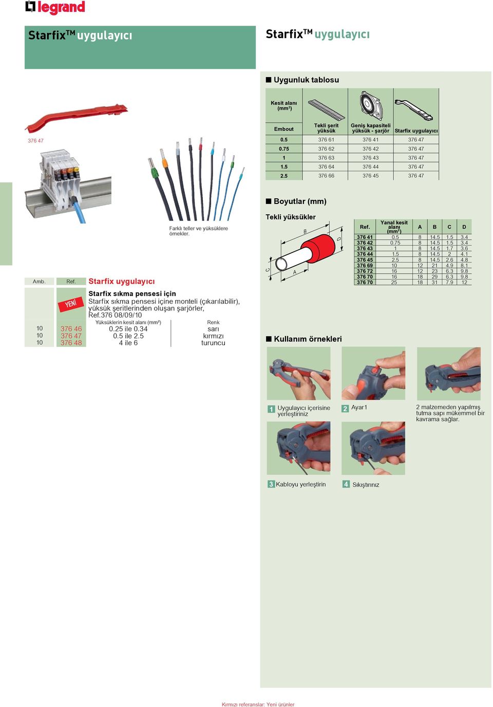 Starfix sıkma pensesi için Starfix sıkma pensesi içine monteli (çıkarılabilir), yüksük şeritlerinden oluşan şarjörler, Ref.376 08/09/10 Yüksüklerin kesit alanı (mm²) Renk 10 376 46 0.25 ile 0.