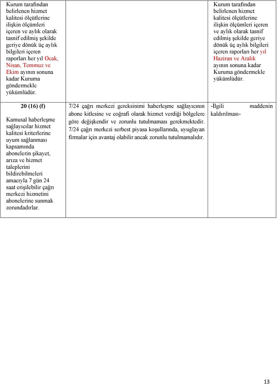 Kurum tarafından belirlenen hizmet kalitesi ölçütlerine ilişkin ölçümleri içeren ve aylık olarak tasnif edilmiş şekilde geriye dönük üç aylık bilgileri içeren raporları her yıl Haziran ve Aralık