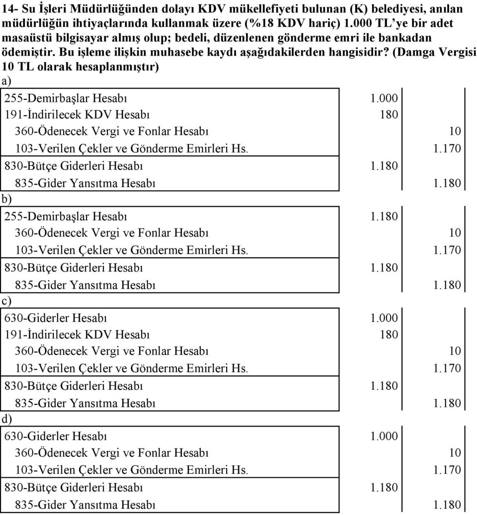 (Damga Vergisi 10 TL olarak hesaplanmıştır) 255-Demirbaşlar Hesabı 1.000 191-İndirilecek KDV Hesabı 180 360-Ödenecek Vergi ve Fonlar Hesabı 10 103-Verilen Çekler ve Gönderme Emirleri Hs. 1.170 830-Bütçe Giderleri Hesabı 1.