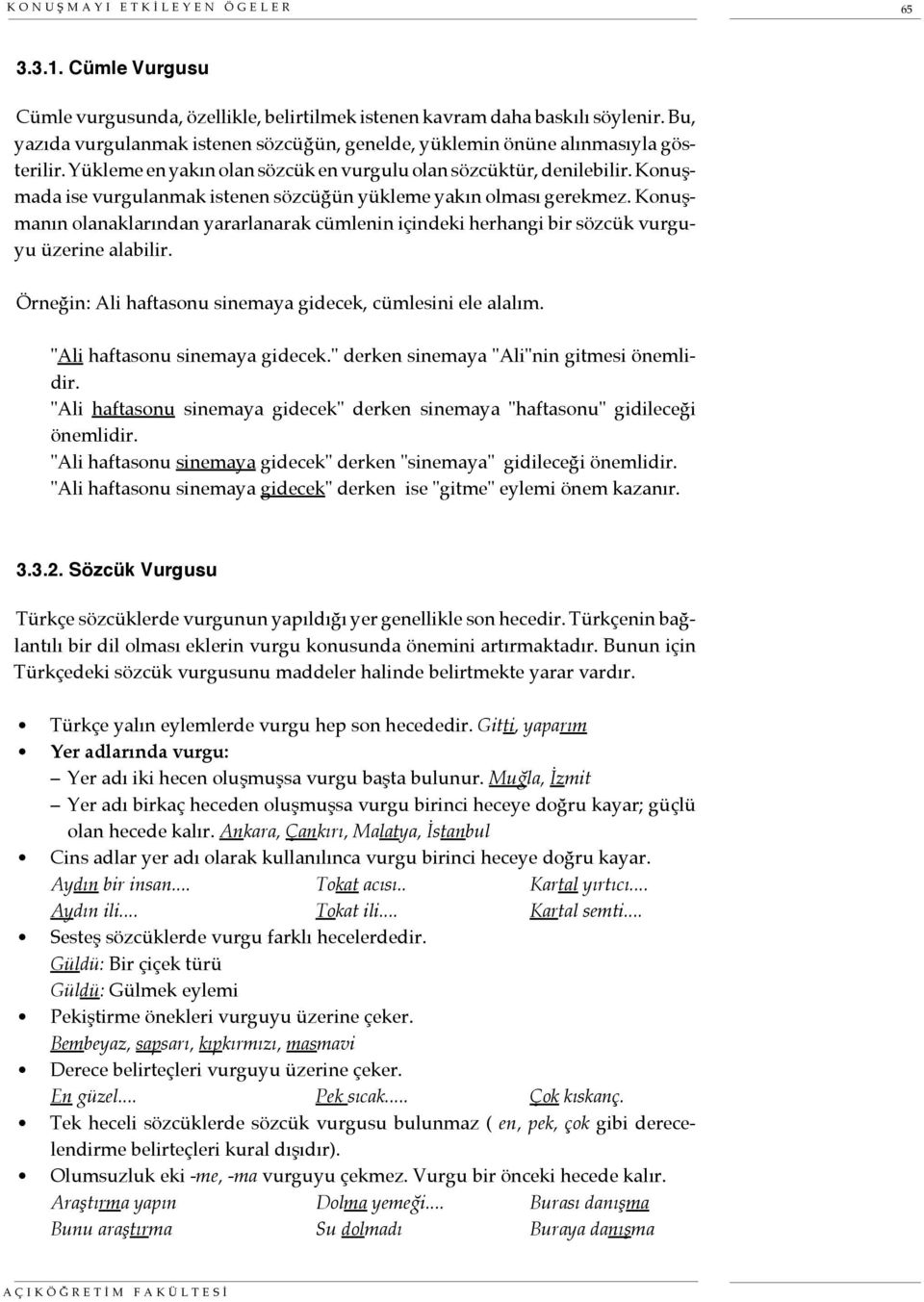 Konuşmada ise vurgulanmak istenen sözcüğün yükleme yakın olması gerekmez. Konuşmanın olanaklarından yararlanarak cümlenin içindeki herhangi bir sözcük vurguyu üzerine alabilir.