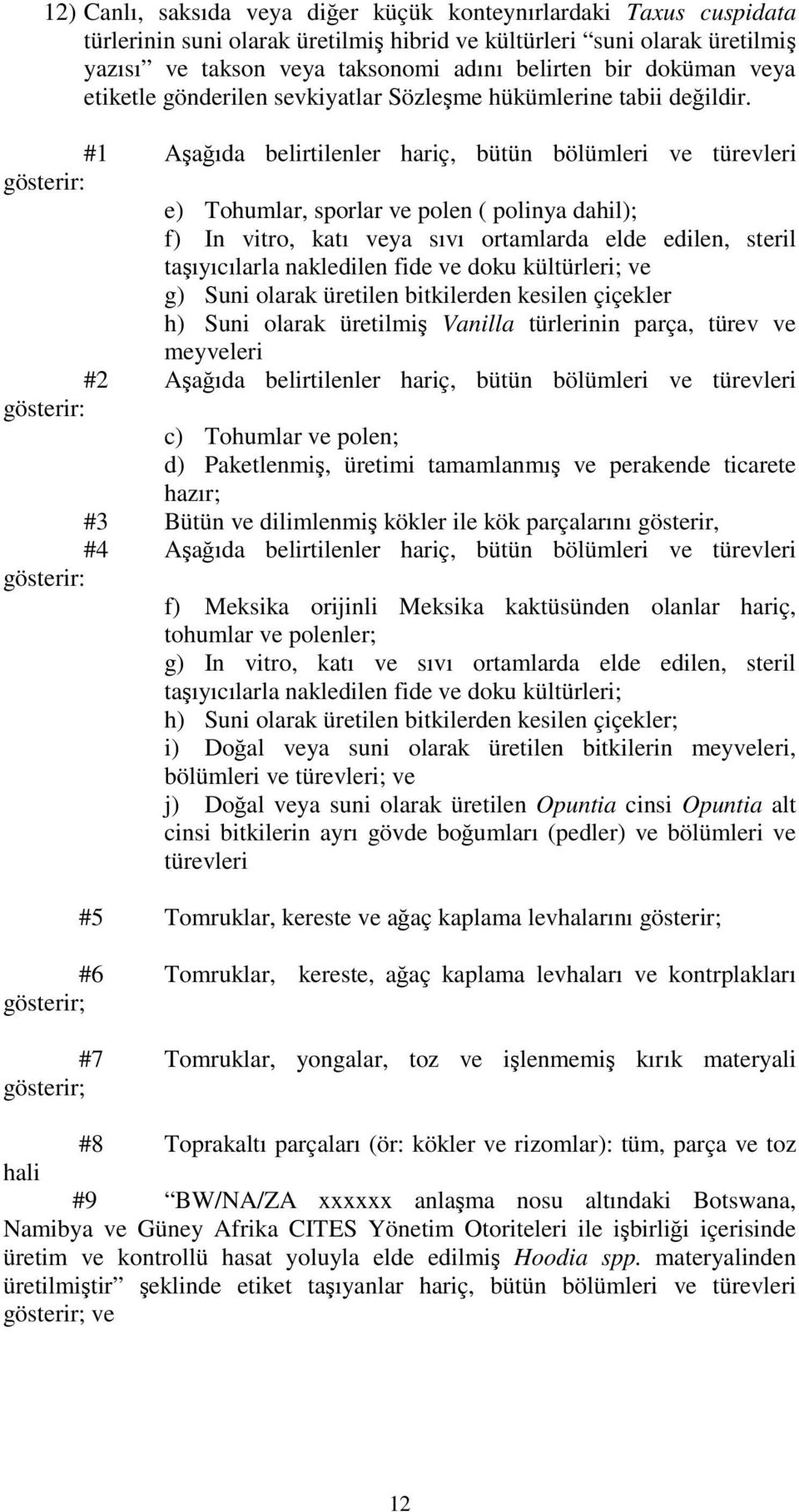 #1 Aşağıda belirtilenler hariç, bütün bölümleri ve türevleri gösterir: e) Tohumlar, sporlar ve polen ( polinya dahil); f) In vitro, katı veya sıvı ortamlarda elde edilen, steril taşıyıcılarla