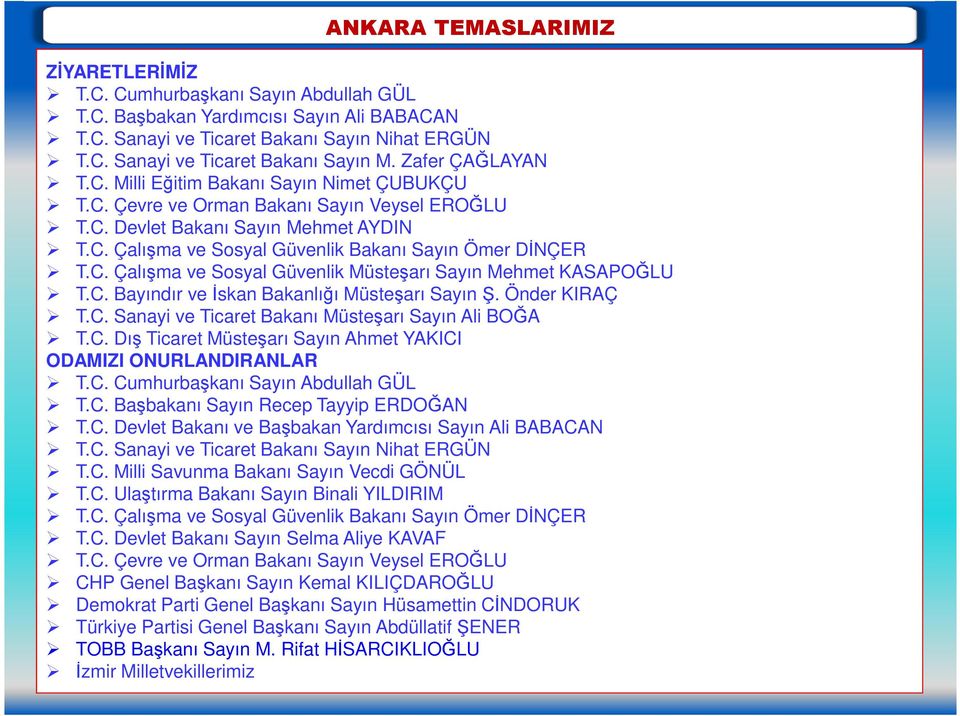 C. Çalışma ve Sosyal Güvenlik Müsteşarı Sayın Mehmet KASAPOĞLU T.C. Bayındır ve Đskan Bakanlığı Müsteşarı Sayın Ş. Önder KIRAÇ T.C. Sanayi ve Ticaret Bakanı Müsteşarı Sayın Ali BOĞA T.C. Dış Ticaret Müsteşarı Sayın Ahmet YAKICI ODAMIZI ONURLANDIRANLAR T.