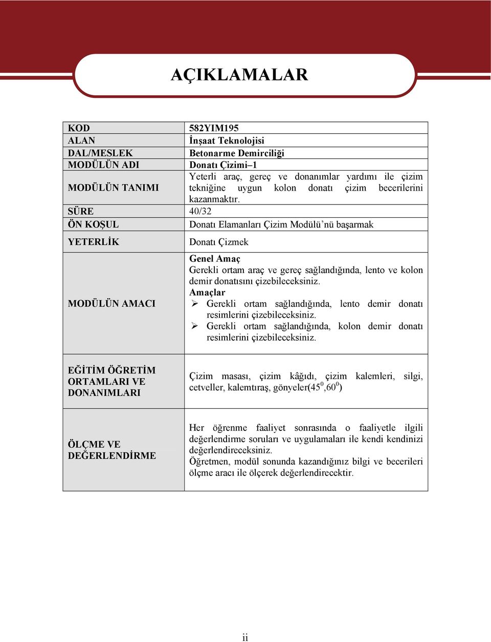 SÜRE 40/32 ÖN KOŞUL Donatı Elamanları Çizim Modülü nü başarmak YETERLİK MODÜLÜN AMACI AÇIKLAMALAR Donatı Çizmek Genel Amaç Gerekli ortam araç ve gereç sağlandığında, lento ve kolon demir donatısını