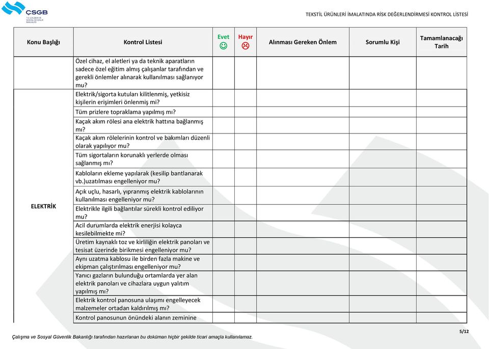 Kaçak akım rölelerinin kontrol ve bakımları düzenli olarak yapılıyor Tüm sigortaların korunaklı yerlerde olması sağlanmış mı? Kabloların ekleme yapılarak (kesilip bantlanarak vb.