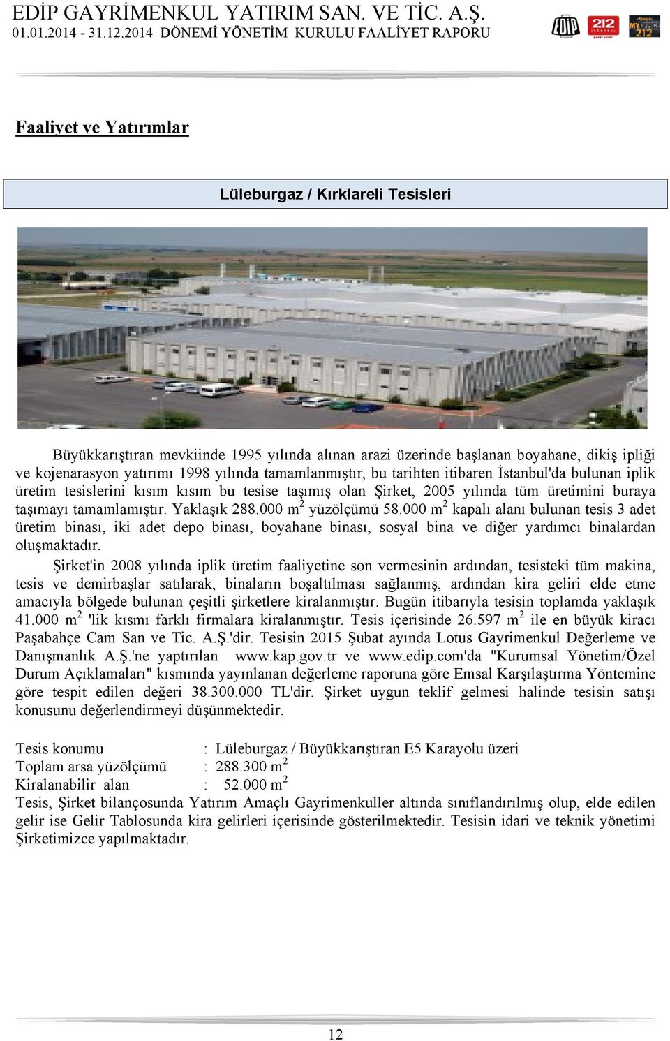 000 m 2 yüzölçümü 58.000 m 2 kapalı alanı bulunan tesis 3 adet üretim binası, iki adet depo binası, boyahane binası, sosyal bina ve diğer yardımcı binalardan oluşmaktadır.