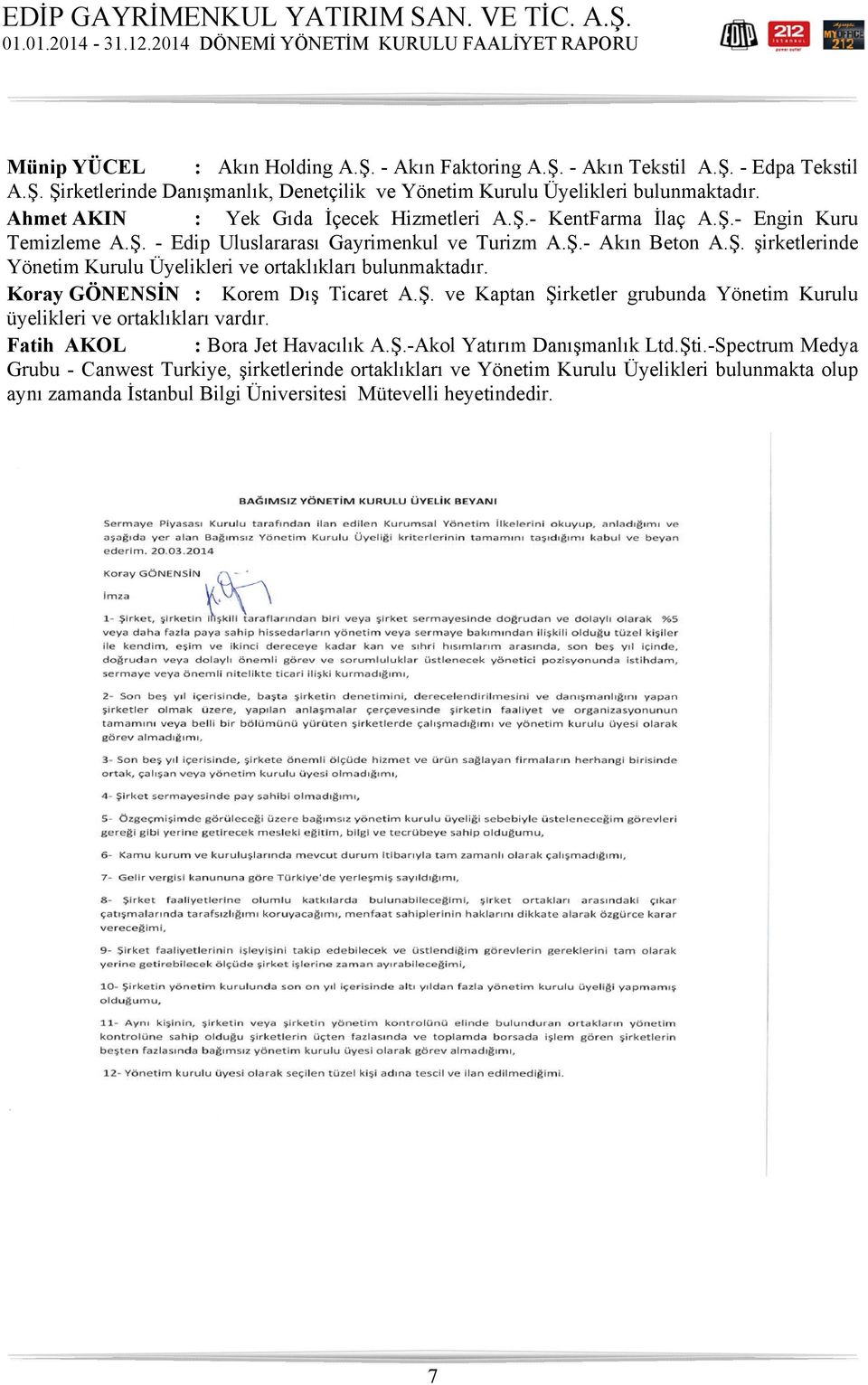 Koray GÖNENSİN : Korem Dış Ticaret A.Ş. ve Kaptan Şirketler grubunda Yönetim Kurulu üyelikleri ve ortaklıkları vardır. Fatih AKOL : Bora Jet Havacılık A.Ş.-Akol Yatırım Danışmanlık Ltd.Şti.