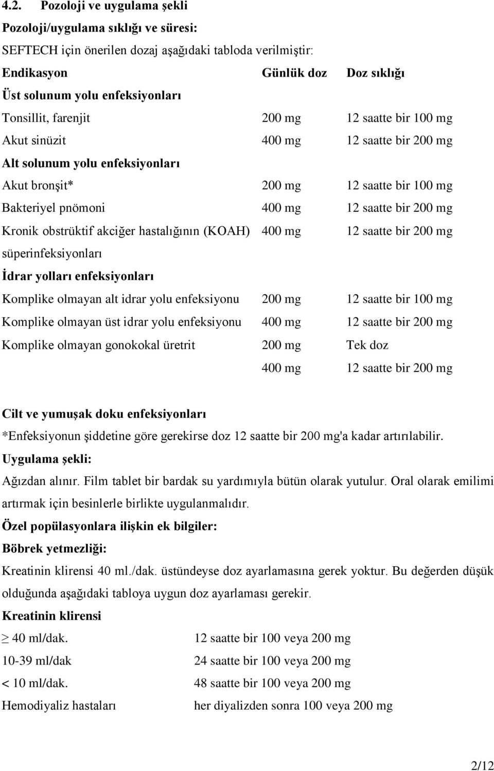 bir 200 mg Kronik obstrüktif akciğer hastalığının (KOAH) 400 mg 12 saatte bir 200 mg süperinfeksiyonları İdrar yolları enfeksiyonları Komplike olmayan alt idrar yolu enfeksiyonu 200 mg 12 saatte bir