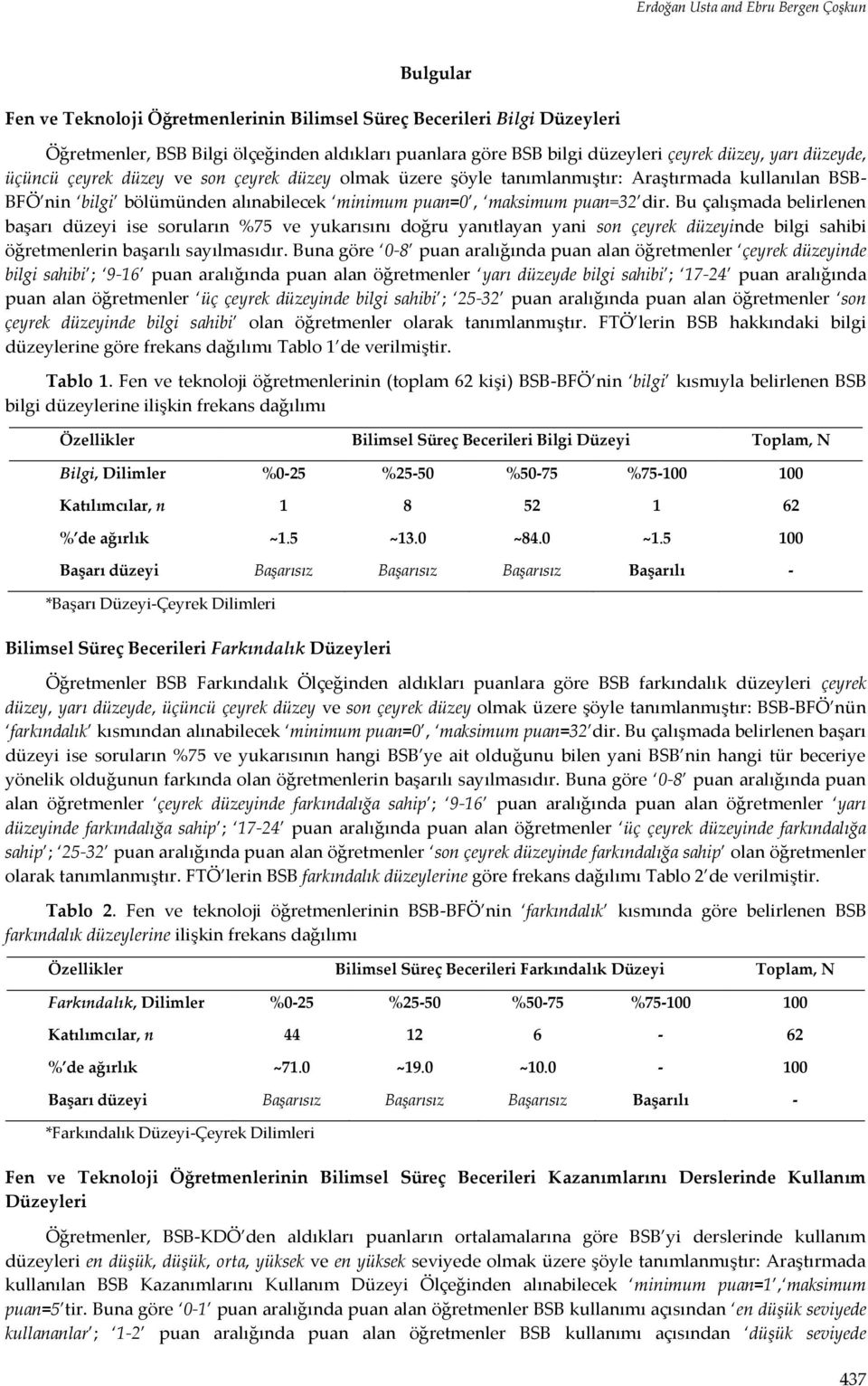 puan=32 dir. Bu çalışmada belirlenen başarı düzeyi ise soruların %75 ve yukarısını doğru yanıtlayan yani son çeyrek düzeyinde bilgi sahibi öğretmenlerin başarılı sayılmasıdır.