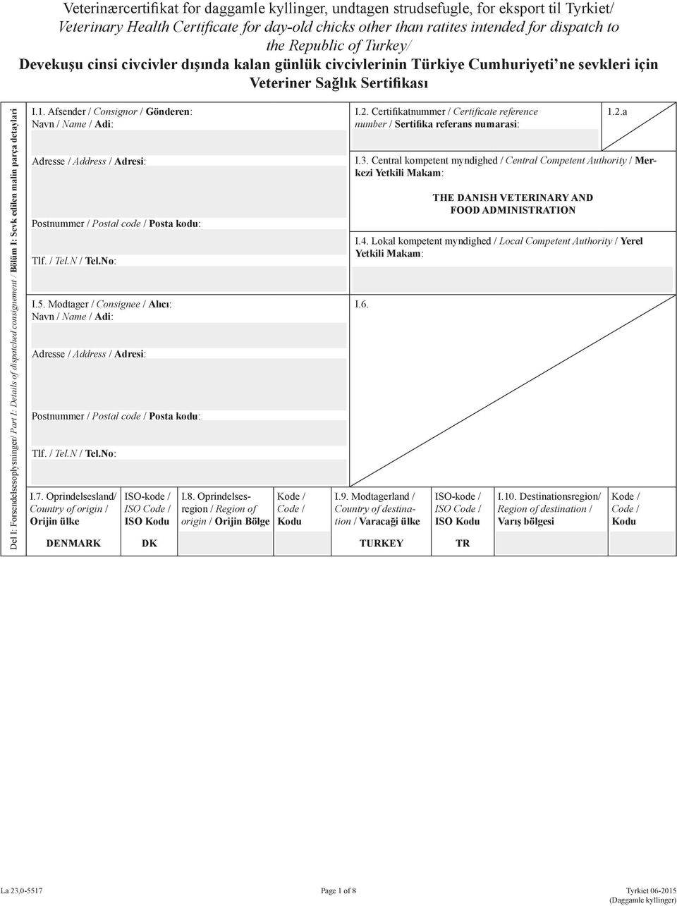 consignement / Bölüm I: Sevk edilen malin parça detaylari I.1. Afsender / Consignor / Gönderen: Navn / Name / Adi: Adresse / Address / Adresi: Postnummer / Postal code / Posta kodu: Tlf. / Tel.