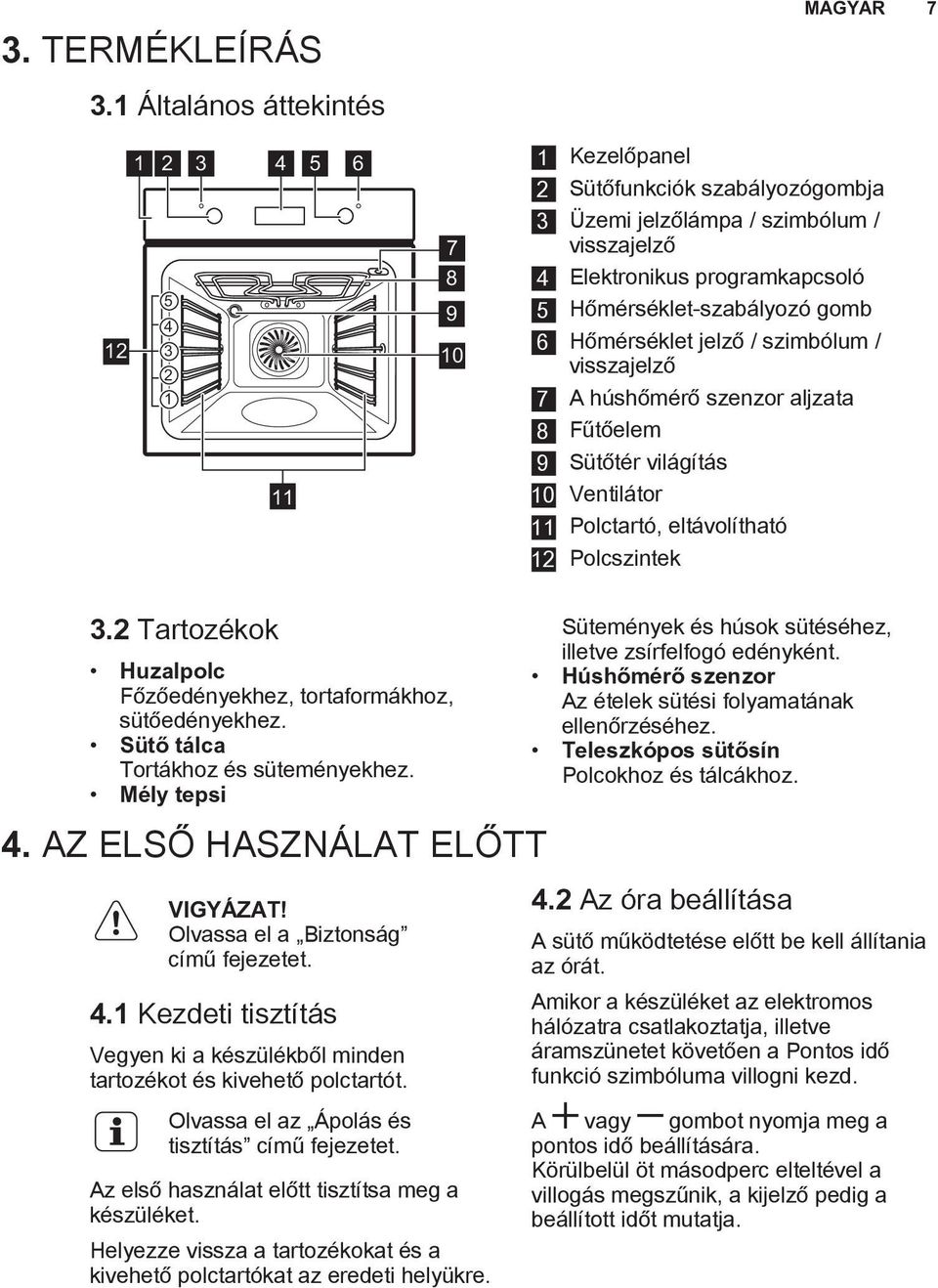 Hőmérséklet-szabályozó gomb 6 Hőmérséklet jelző / szimbólum / visszajelző 7 A húshőmérő szenzor aljzata 8 Fűtőelem 9 Sütőtér világítás 10 Ventilátor 11 Polctartó, eltávolítható 12 Polcszintek 3.