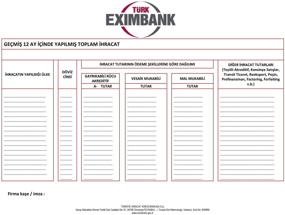 Satışlar, Transit Ticaret, Reeksport, Peşin, Prefinansman, Factoring, Forfaiting v.b.).