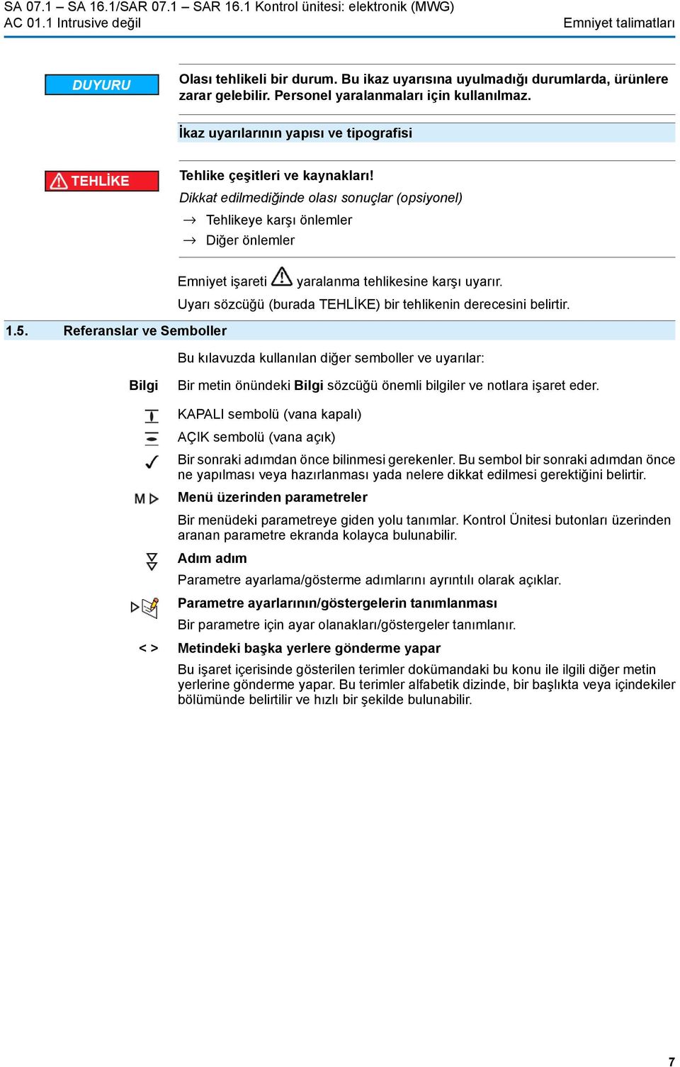 Dikkat edilmediğinde olası sonuçlar (opsiyonel) Tehlikeye karşı önlemler Diğer önlemler Emniyet işareti yaralanma tehlikesine karşı uyarır. 1.5.