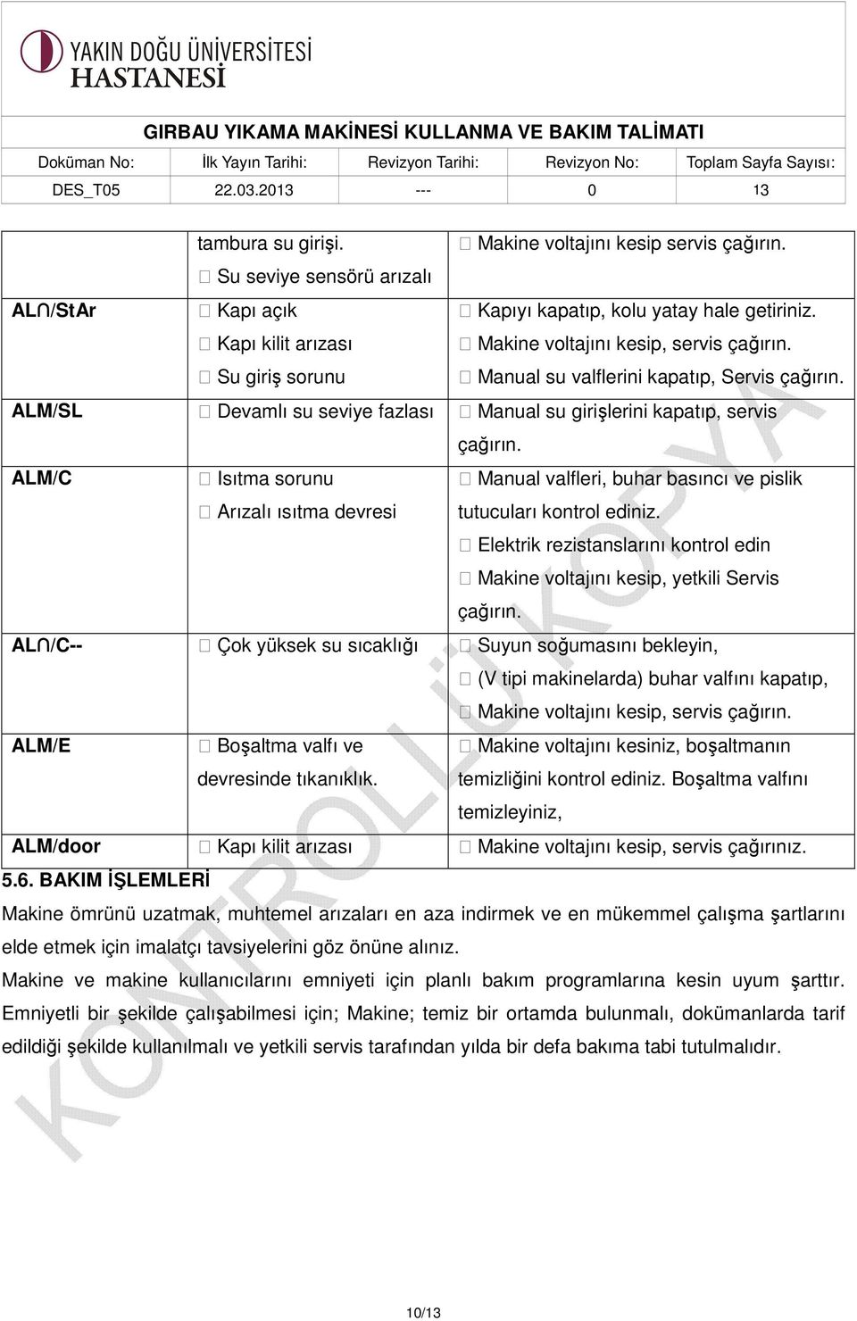 ALM/C Isıtma sorunu Arızalı ısıtma devresi Manual valfleri, buhar basıncı ve pislik tutucuları kontrol ediniz. Elektrik rezistanslarını kontrol edin Makine voltajını kesip, yetkili Servis çağırın.