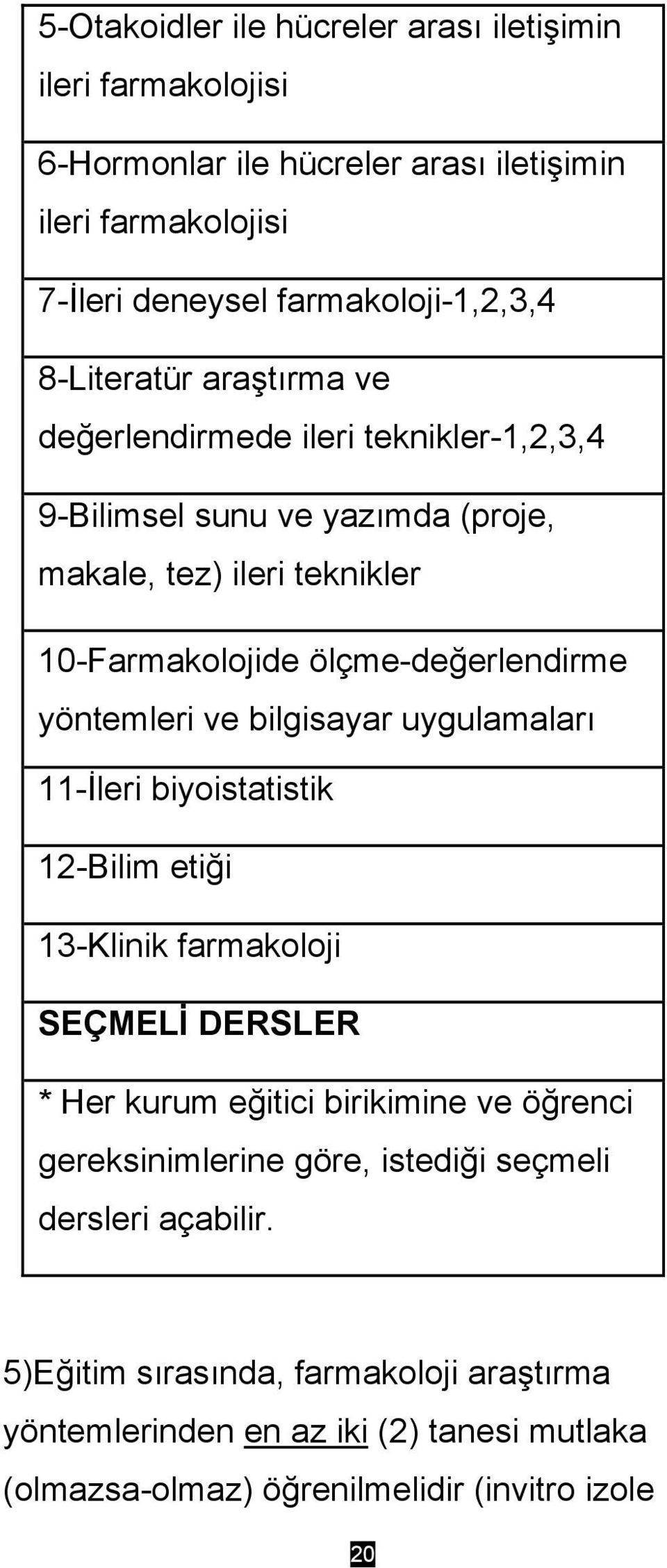 yöntemleri ve bilgisayar uygulamaları 11-İleri biyoistatistik 12-Bilim etiği 13-Klinik farmakoloji SEÇMELİ DERSLER * Her kurum eğitici birikimine ve öğrenci