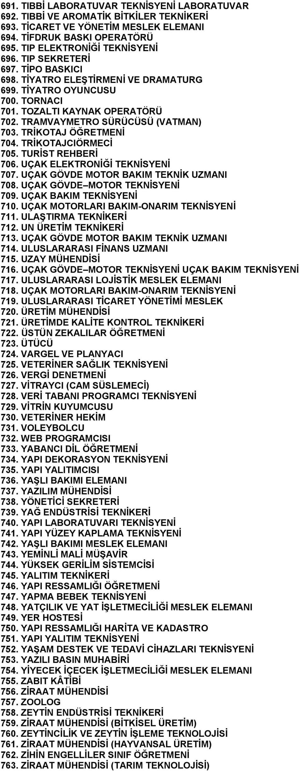 TRİKOTAJCIÖRMECİ 705. TURİST REHBERİ 706. UÇAK ELEKTRONİĞİ TEKNİSYENİ 707. UÇAK GÖVDE MOTOR BAKIM TEKNİK UZMANI 708. UÇAK GÖVDE MOTOR TEKNİSYENİ 709. UÇAK BAKIM TEKNİSYENİ 710.