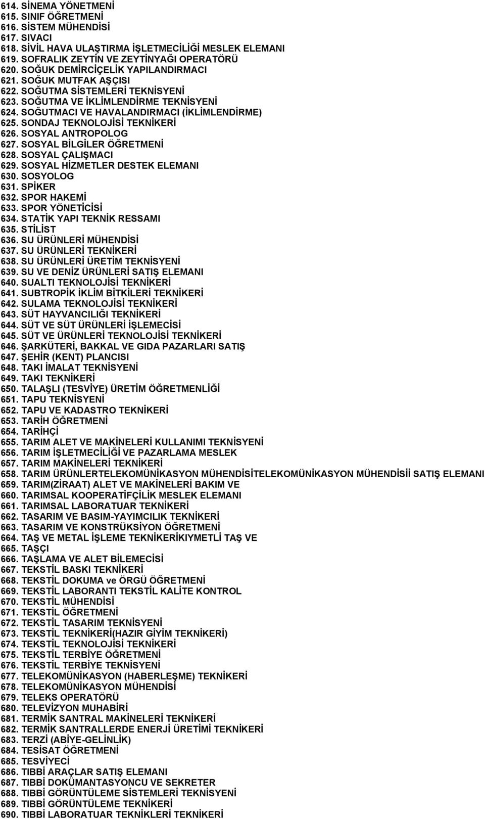 SONDAJ TEKNOLOJİSİ TEKNİKERİ 626. SOSYAL ANTROPOLOG 627. SOSYAL BİLGİLER ÖĞRETMENİ 628. SOSYAL ÇALIŞMACI 629. SOSYAL HİZMETLER DESTEK ELEMANI 630. SOSYOLOG 631. SPİKER 632. SPOR HAKEMİ 633.