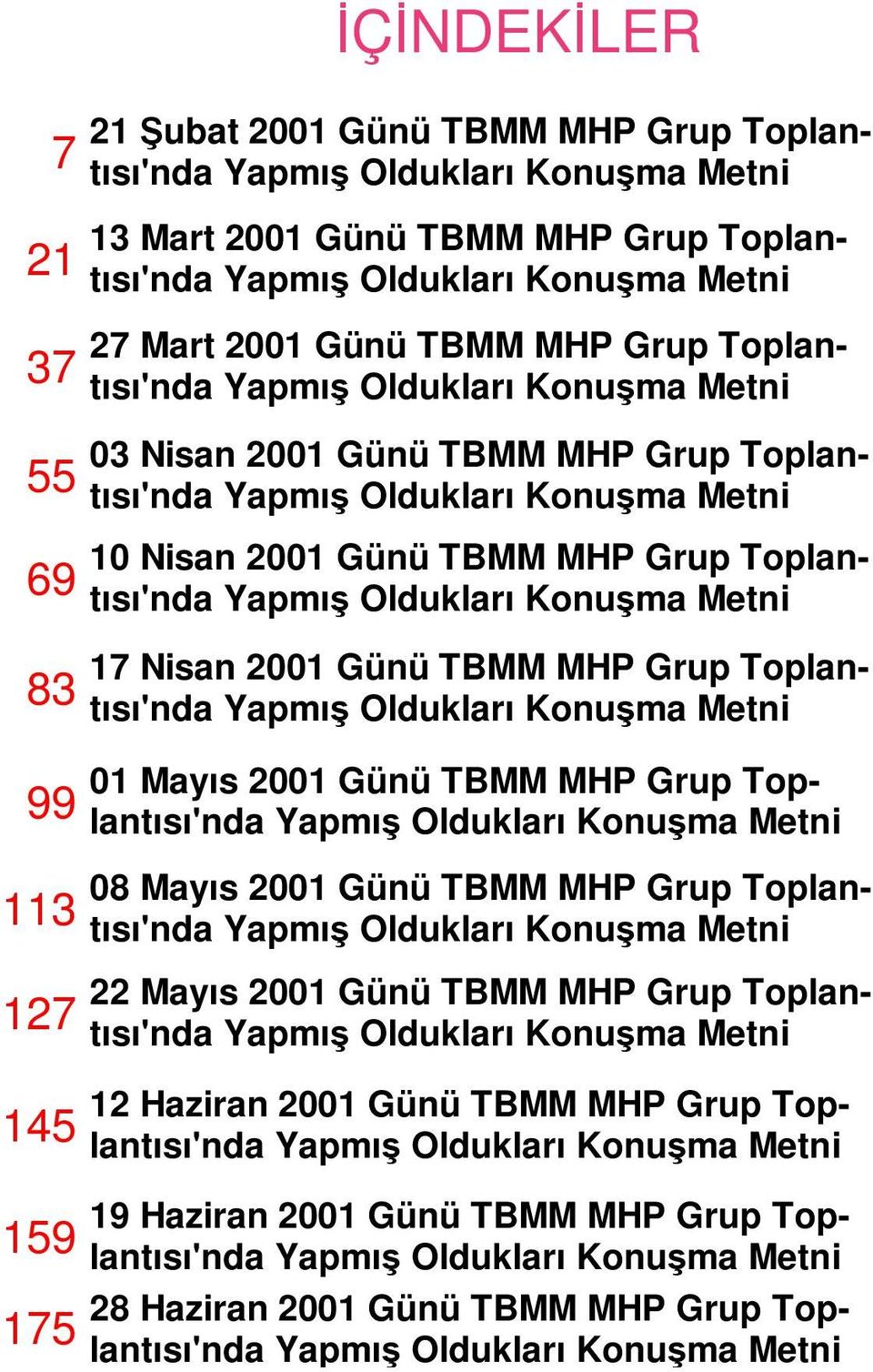 Grup Toplantısı'nda Yapmış Oldukları Konuşma Metni 17 Nisan 2001 Günü TBMM MHP Grup Toplantısı'nda Yapmış Oldukları Konuşma Metni 01 Mayıs 2001 Günü TBMM MHP Grup Toplantısı'nda Yapmış Oldukları