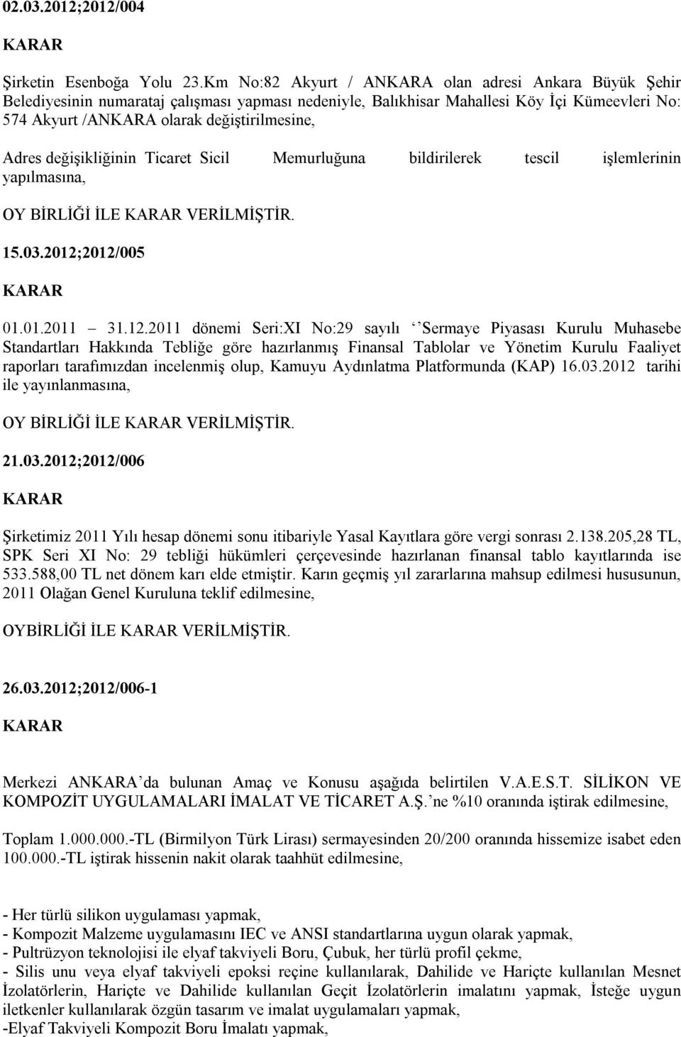 Adres değişikliğinin Ticaret Sicil Memurluğuna bildirilerek tescil işlemlerinin yapılmasına, OY BİRLİĞİ İLE VERİLMİŞTİR. 15.03.2012;