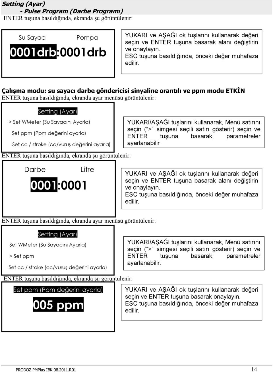 (Ppm değerini ayarla) Set cc / stroke (cc/vuruş değerini ayarla) YUKARI/AŞAĞI tuşlarını kullanarak, Menü satırını seçin ( > simgesi seçili satırı gösterir) seçin ve ENTER tuşuna basarak, parametreler