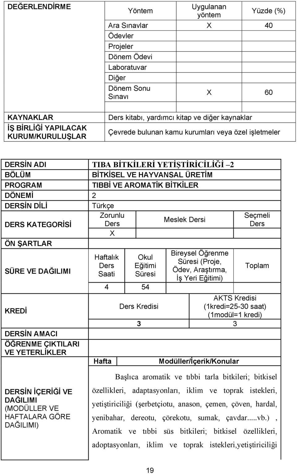 Modüller/İçerik/Konular (MODÜLLER VE HAFTALARA GÖRE ) Başlıca aromatik ve tıbbi tarla bitkileri; bitkisel özellikleri, adaptasyonları, iklim ve toprak istekleri, yetiştiriciliği