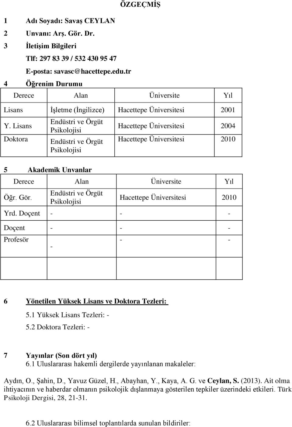 Lisans Doktora Endüstri ve Örgüt Psikolojisi Endüstri ve Örgüt Psikolojisi 5 Akademik Unvanlar Hacettepe Üniversitesi 2004 Hacettepe Üniversitesi 2010 Derece Alan Üniversite Yıl Öğr. Gör.