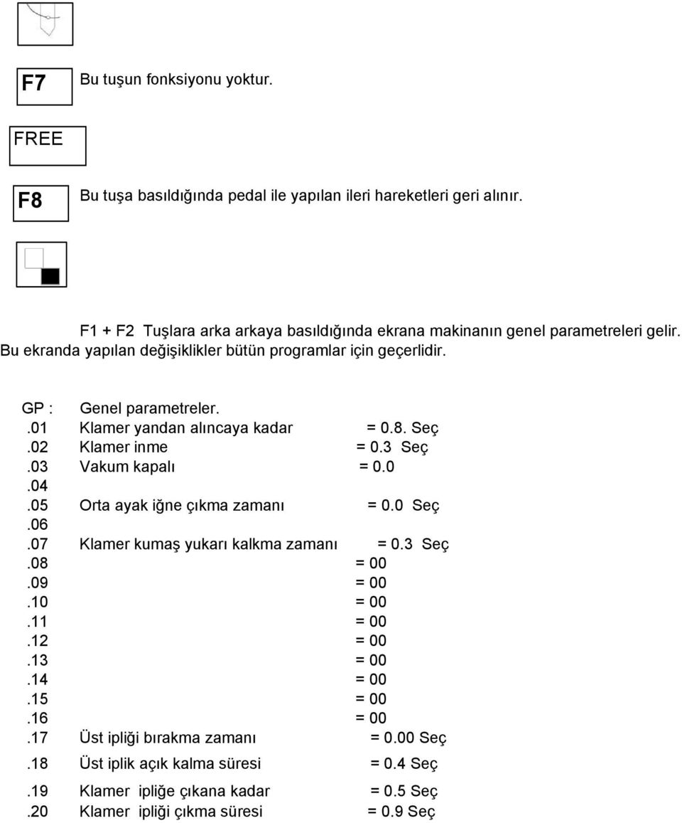 GP : Genel parametreler..01 Klamer yandan alıncaya kadar = 0.8. Seç.02 Klamer inme = 0.3 Seç.03 Vakum kapalı = 0.0.04.05 Orta ayak iğne çıkma zamanı = 0.0 Seç.06.