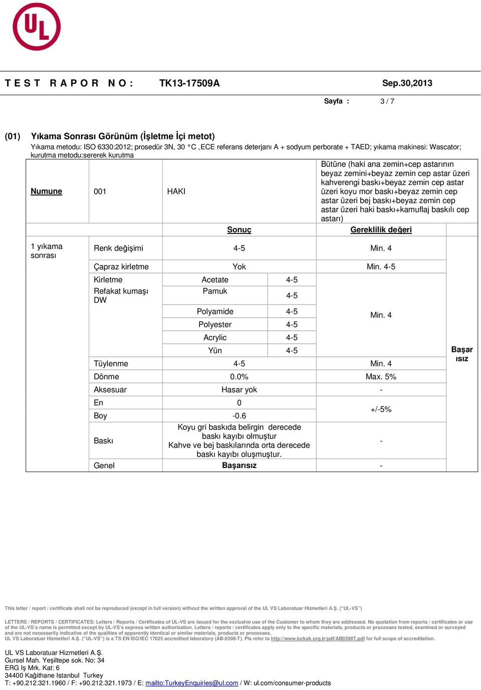 baskı+kamuflaj baskılı cep astarı) Sonuç 1 yıkama sonrası Renk değişimi 4-5 Min. 4 Çapraz kirletme Yok Min.