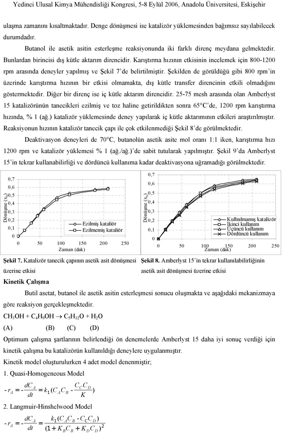 Şekilden de görüldüğü gibi 8 rpm in üzerinde karıştırma hızının bir etkisi olmamakta, dış kütle transfer direncinin etkili olmadığını göstermektedir. iğer bir direnç ise iç kütle aktarım direncidir.